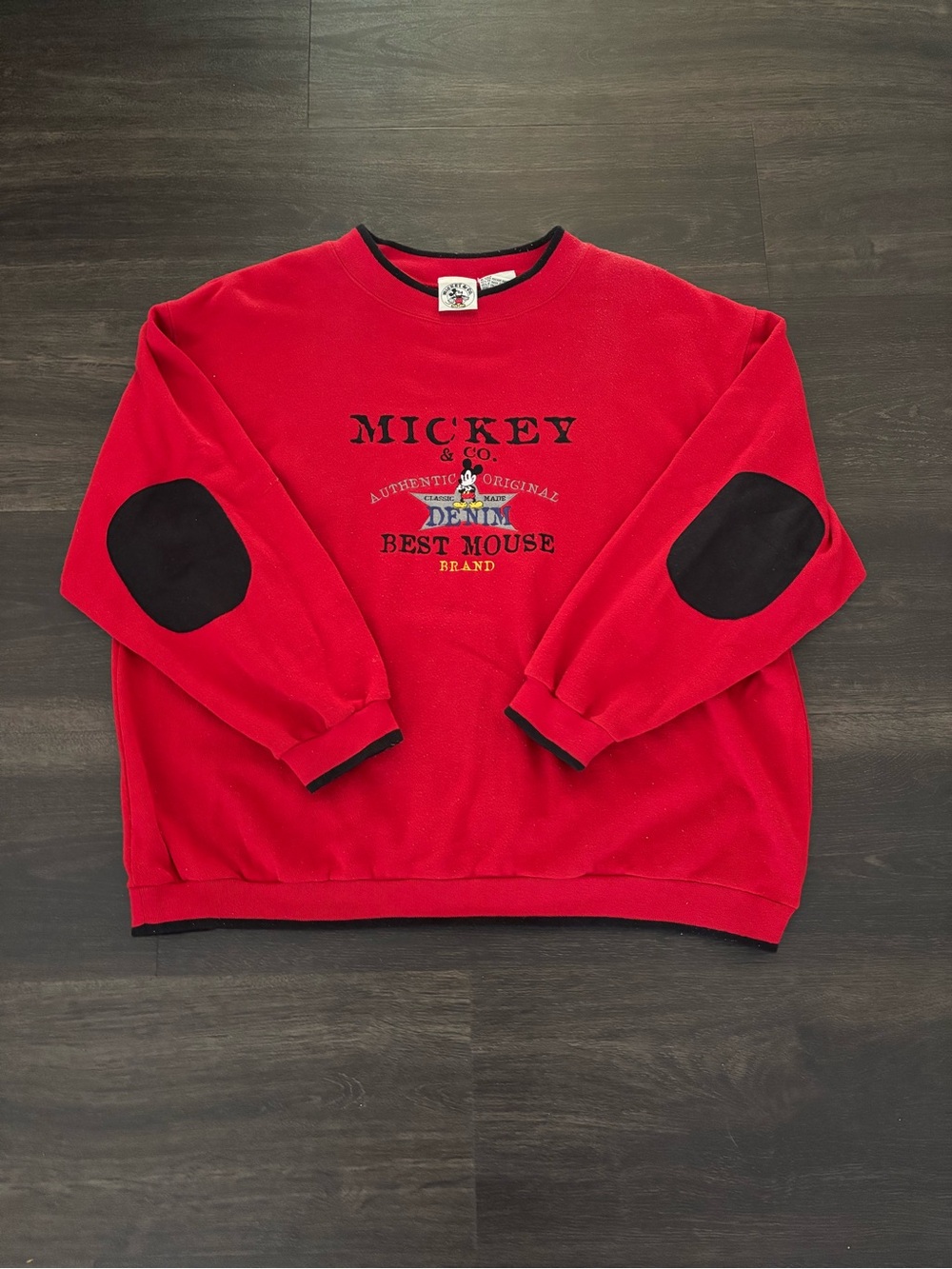 Vintage 90s Mickey & Co Disney Best Mouse Brand Sweatshirt Elbow Patches Red XL